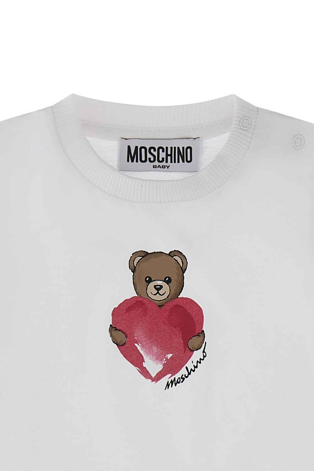 Abito bianco in cotone Scugnizzi 0-16 con stampa Teddy Bear Moschino che abbraccia un cuore rosso sul petto