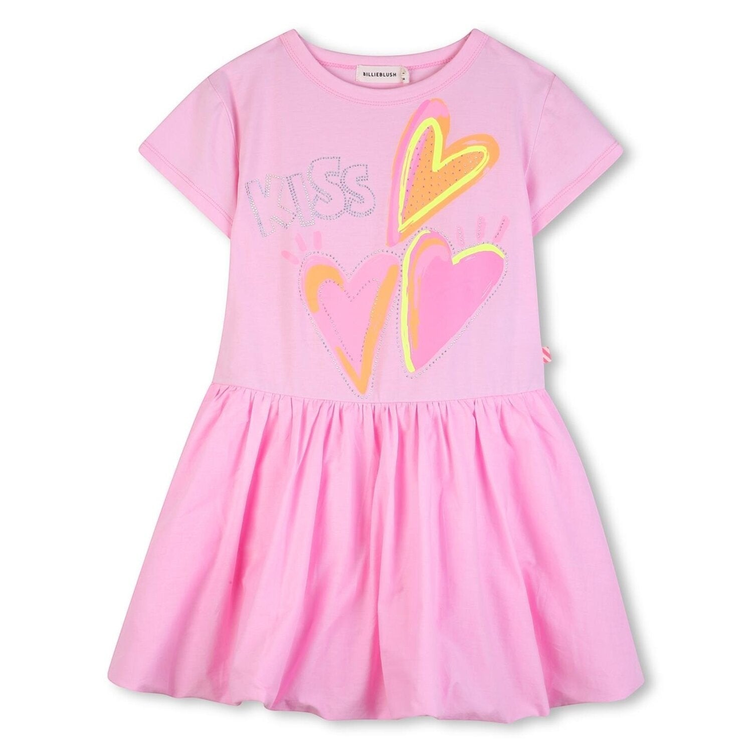 Abito casual rosa Scugnizzi 0-16 in cotone con stampa cuori, scritta KISS e dettagli in strass per bambina