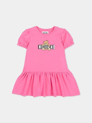 Abito rosa Scugnizzi 0-16 in cotone con maniche a sbuffo, volant e stampa Teddy Bear Moschino sul davanti