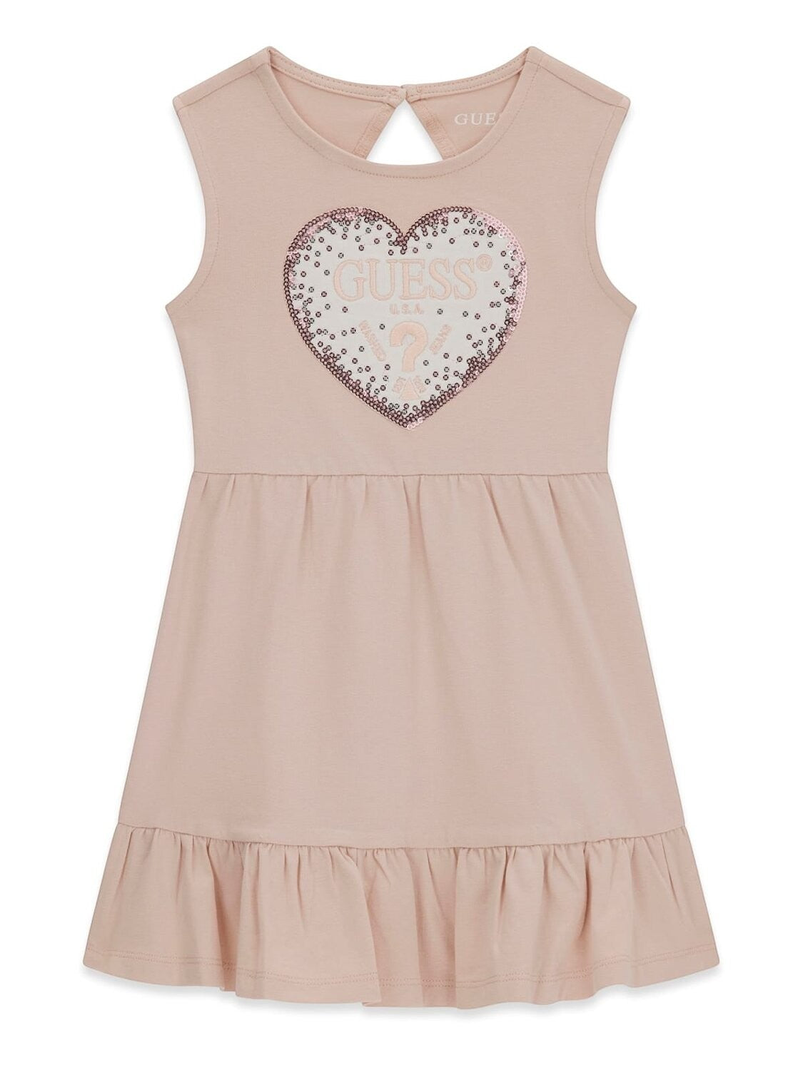 Abito senza maniche Scugnizzi 0-16 rosa cipria con balza sul fondo e cuore di paillettes con logo GUESS sul petto