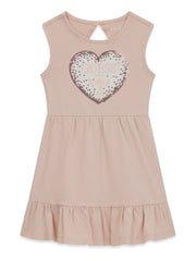 Abito senza maniche Scugnizzi 0-16 rosa cipria con balza sul fondo e cuore di paillettes con logo GUESS sul petto