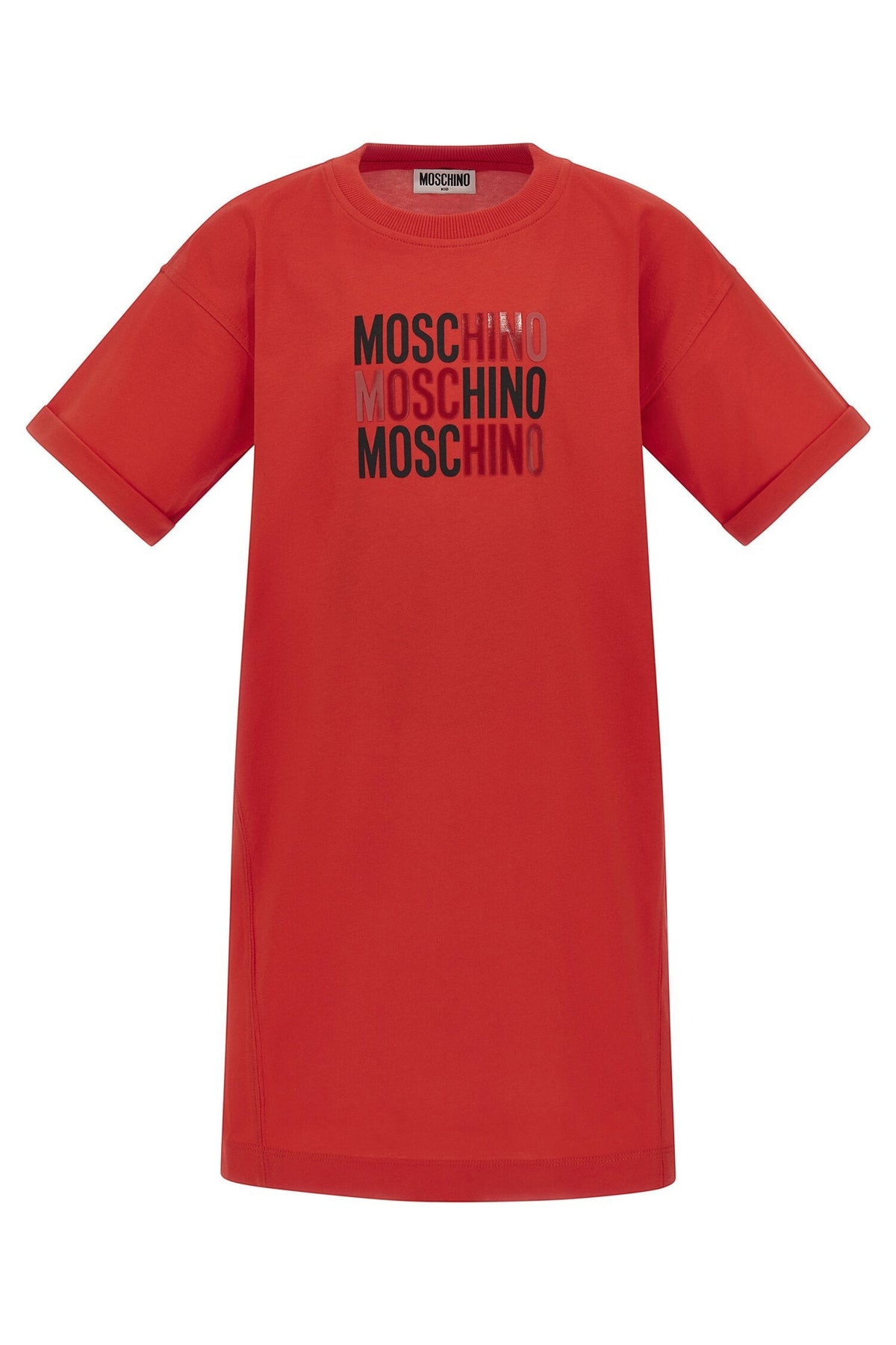 Abito T-shirt rosso Scugnizzi 0-16 in cotone con logo Moschino stampato a contrasto sul petto e maniche con risvolto