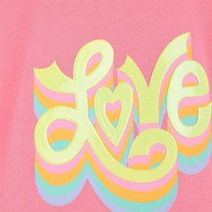 Dettaglio della T-shirt Scugnizzi 0-16 Billieblush rosa con scritta Love glitterata e grafica colorata