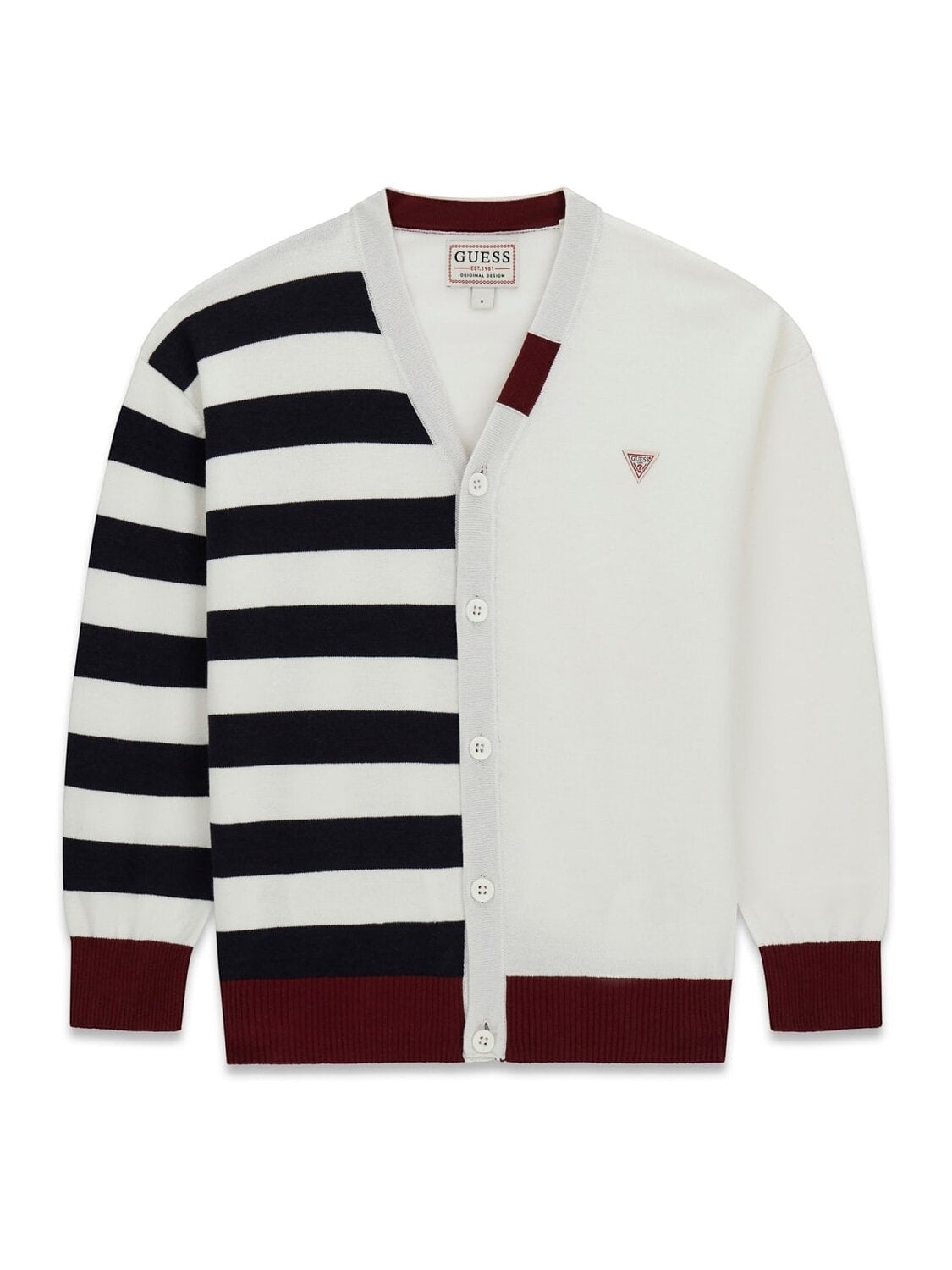 Cardigan Scugnizzi 0-16 GUESS bianco a righe con bottoni e dettagli bordeaux, design asimmetrico e logo sul petto