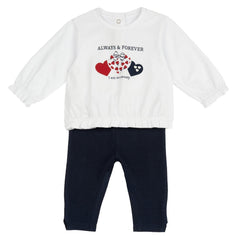 Completo Scugnizzi 0-16 per bambina con maglia bianca a maniche lunghe e pantaloni blu navy con stampa cuori