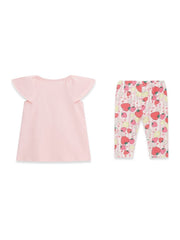 Completo Scugnizzi 0-16 Guess con t-shirt rosa a maniche corte con volant e leggings a stampa fragole e limoni