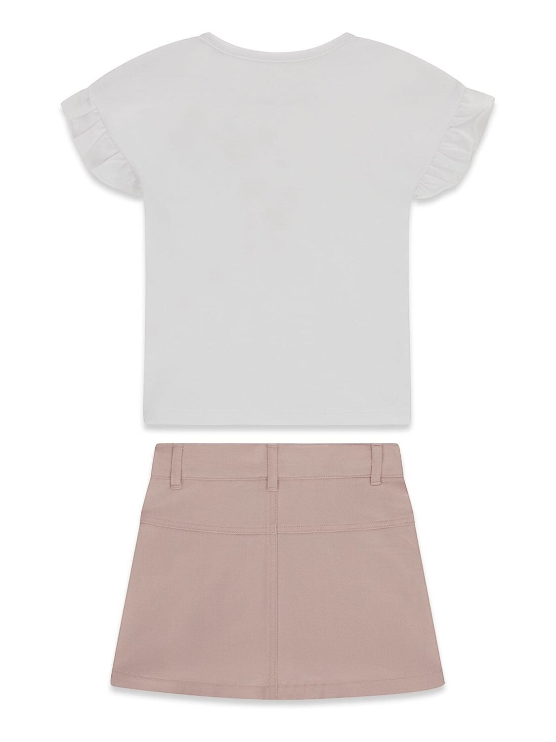 Completo Scugnizzi 0-16 Guess per bambina con t-shirt bianca a volant e gonna cargo rosa polvere vista posteriore