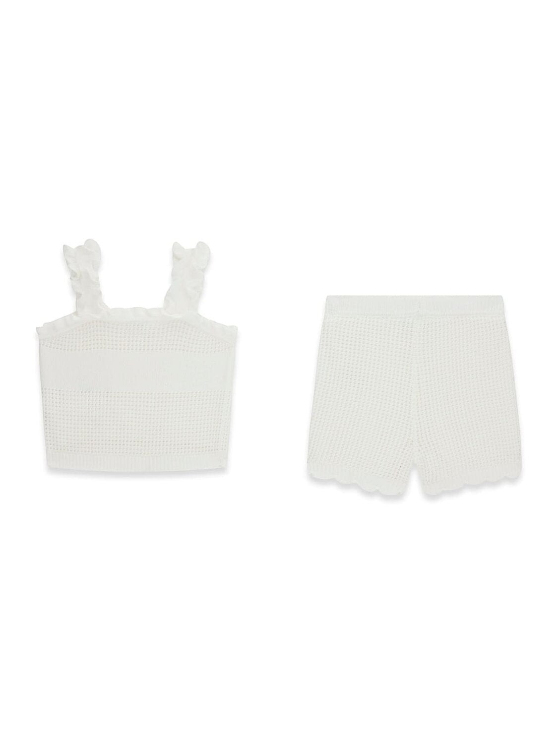 Completo due pezzi bianco Scugnizzi 0-16 GUESS in maglia traforata con top a spalline arricciate e shorts smerlati