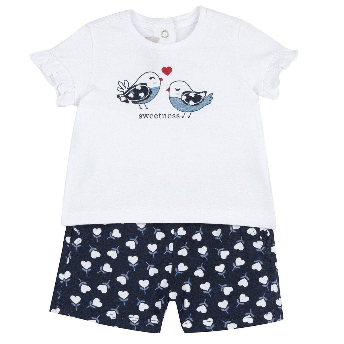 Completo estivo Scugnizzi 0-16 con maglietta bianca a volant e pantaloncini blu a cuoricini per bambina