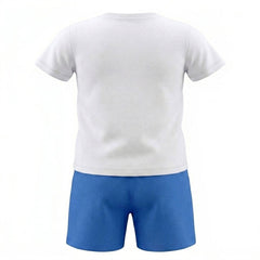 Completo estivo Scugnizzi 0-16 con t-shirt bianca a maniche corte e pantaloncini blu in tessuto leggero e traspirante