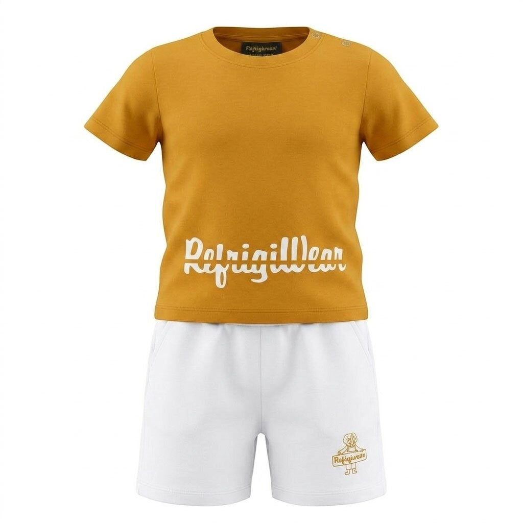 Completo estivo Scugnizzi 0-16 con t-shirt color senape e pantaloncini bianchi in cotone leggero e traspirante