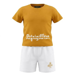 Completo estivo Scugnizzi 0-16 con t-shirt color senape e pantaloncini bianchi in cotone leggero e traspirante