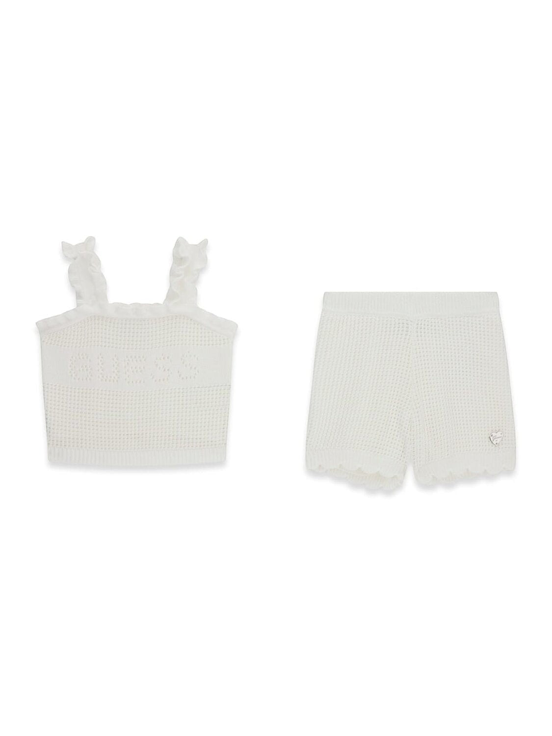 Completo due pezzi bianco Scugnizzi 0-16 GUESS in maglia traforata con top a spalline arricciate e shorts smerlati
