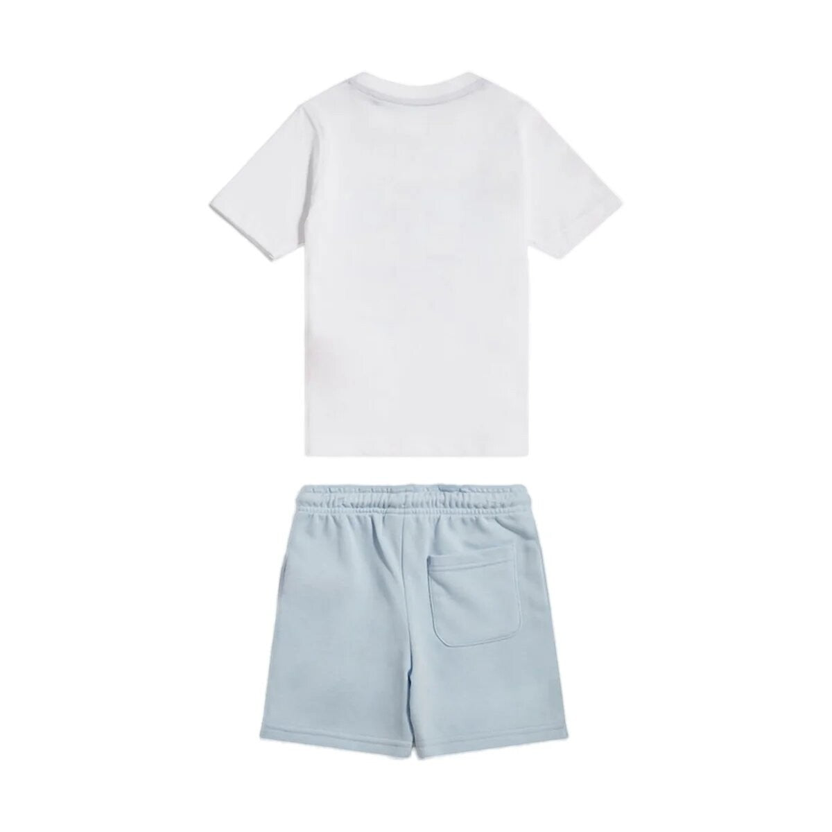 Completo Scugnizzi 0-16 New Balance con t-shirt bianca e pantaloncini azzurri, vista posteriore