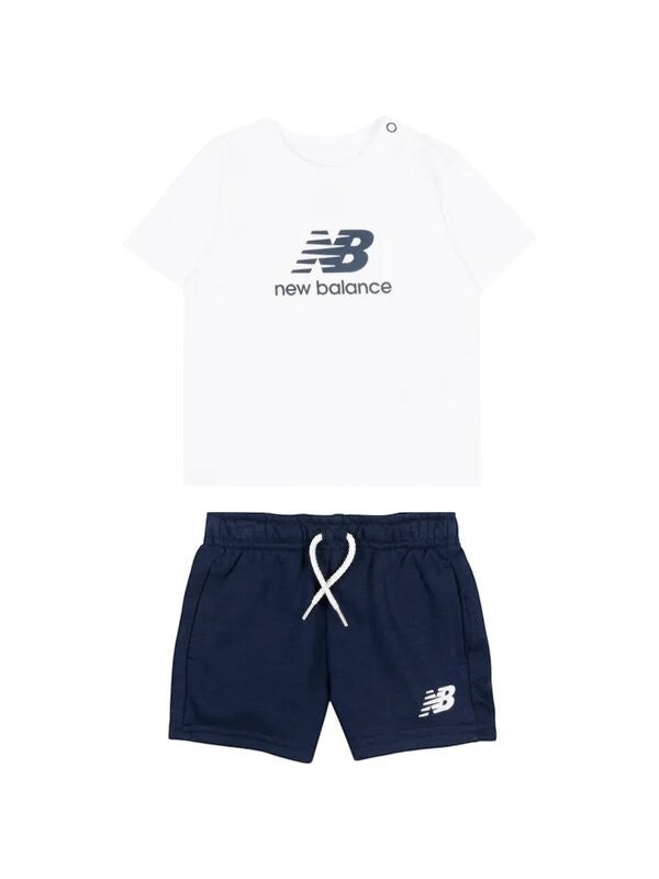 Completo Scugnizzi 0-16 New Balance con t-shirt bianca e pantaloncini blu navy in cotone per bambini