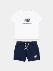 Completo Scugnizzi 0-16 New Balance con t-shirt bianca e pantaloncini blu navy in cotone per bambini