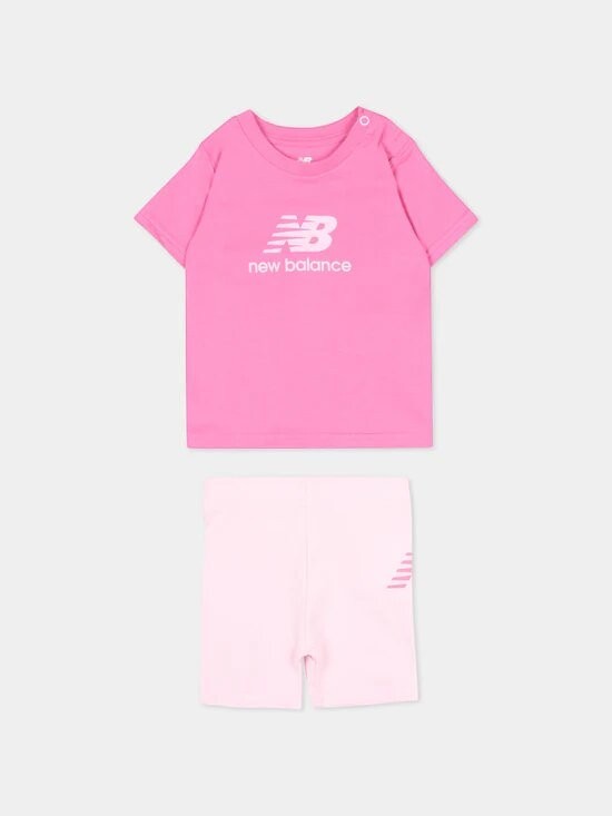 Completo Scugnizzi 0-16 New Balance per bambina con t-shirt rosa acceso e pantaloncini rosa chiaro in cotone