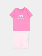 Completo Scugnizzi 0-16 New Balance per bambina con t-shirt rosa acceso e pantaloncini rosa chiaro in cotone