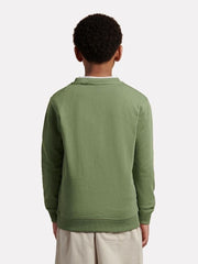 Bambino indossa felpa girocollo verde salvia Scugnizzi 0-16 con bordi a costine, vista posteriore