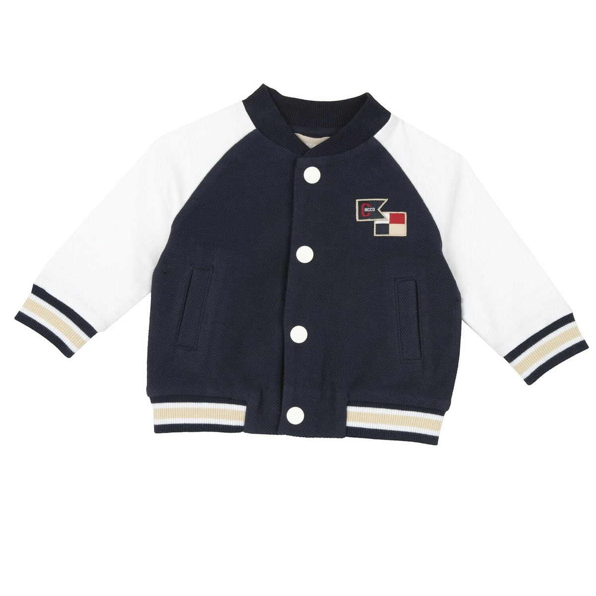 Giacca bomber Scugnizzi 0-16 bicolore blu navy e bianca con bottoni a pressione e dettagli a righe su polsini e orlo.
