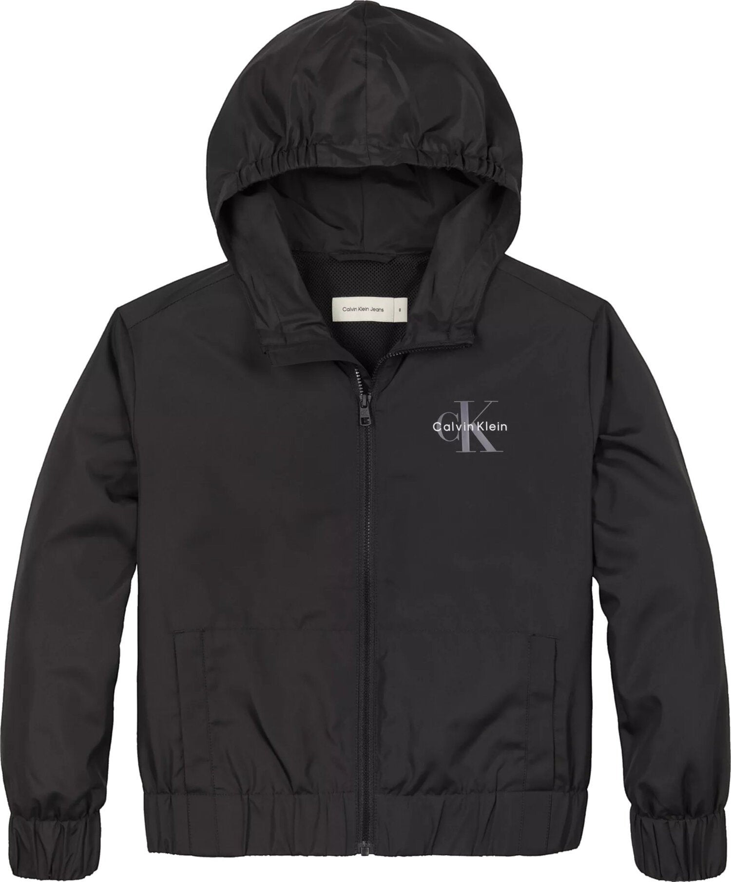 Giacca con cappuccio Scugnizzi 0-16 Calvin Klein Jeans nera in tessuto tecnico con logo sul petto e zip frontale