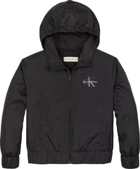 Giacca con cappuccio Scugnizzi 0-16 Calvin Klein Jeans nera in tessuto tecnico con logo sul petto e zip frontale