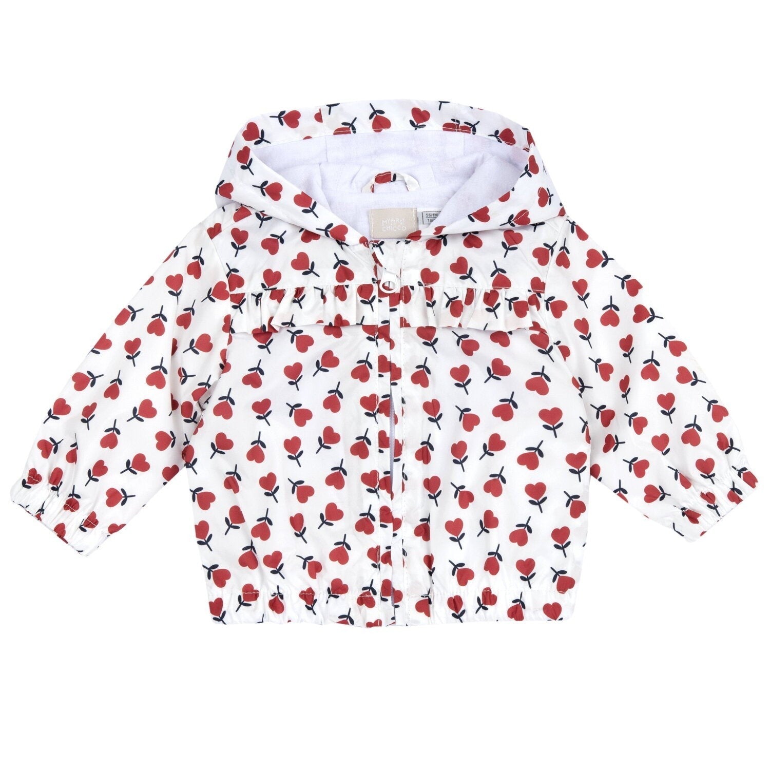 Giacca reversibile Scugnizzi 0-16 per bambina con stampa a cuoricini rossi su fondo bianco e cappuccio integrato