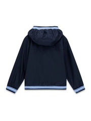 Giacca sportiva Scugnizzi 0-16 blu navy per bambini con cappuccio e dettagli a righe azzurre e bianche, vista posteriore