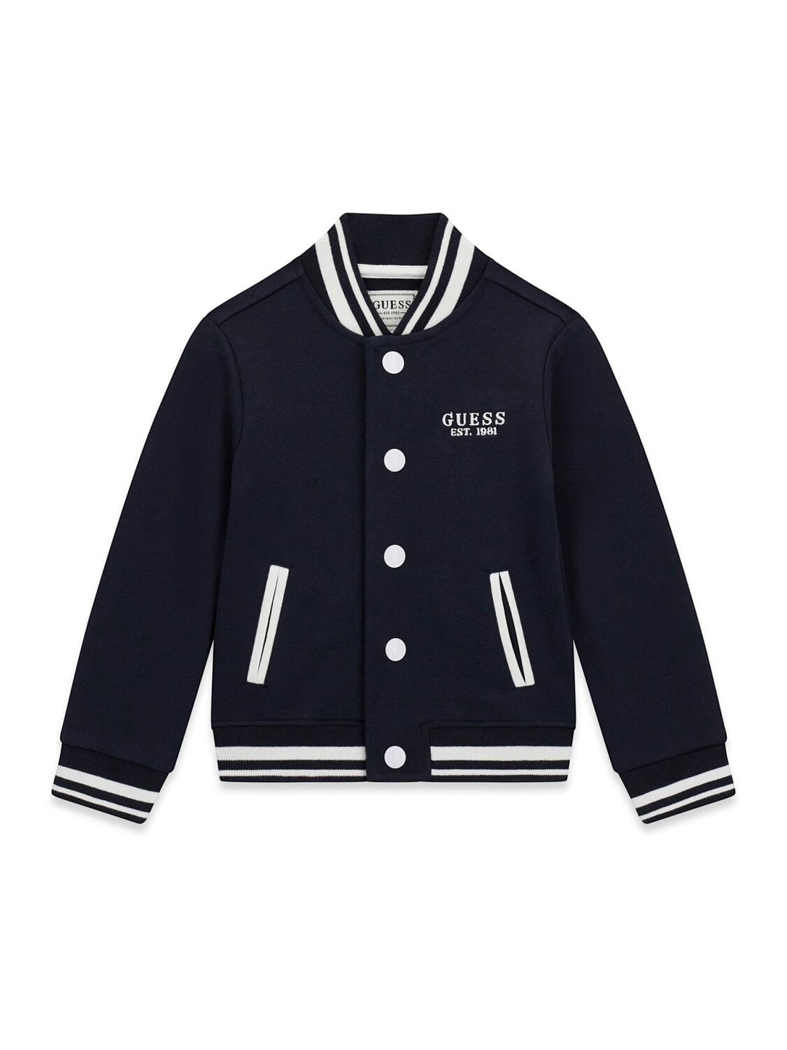 Giacca varsity Scugnizzi 0-16 GUESS blu navy per bambino con bottoni a pressione, logo ricamato e dettagli a righe bianche
