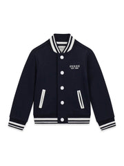 Giacca varsity Scugnizzi 0-16 GUESS blu navy per bambino con bottoni a pressione, logo ricamato e dettagli a righe bianche