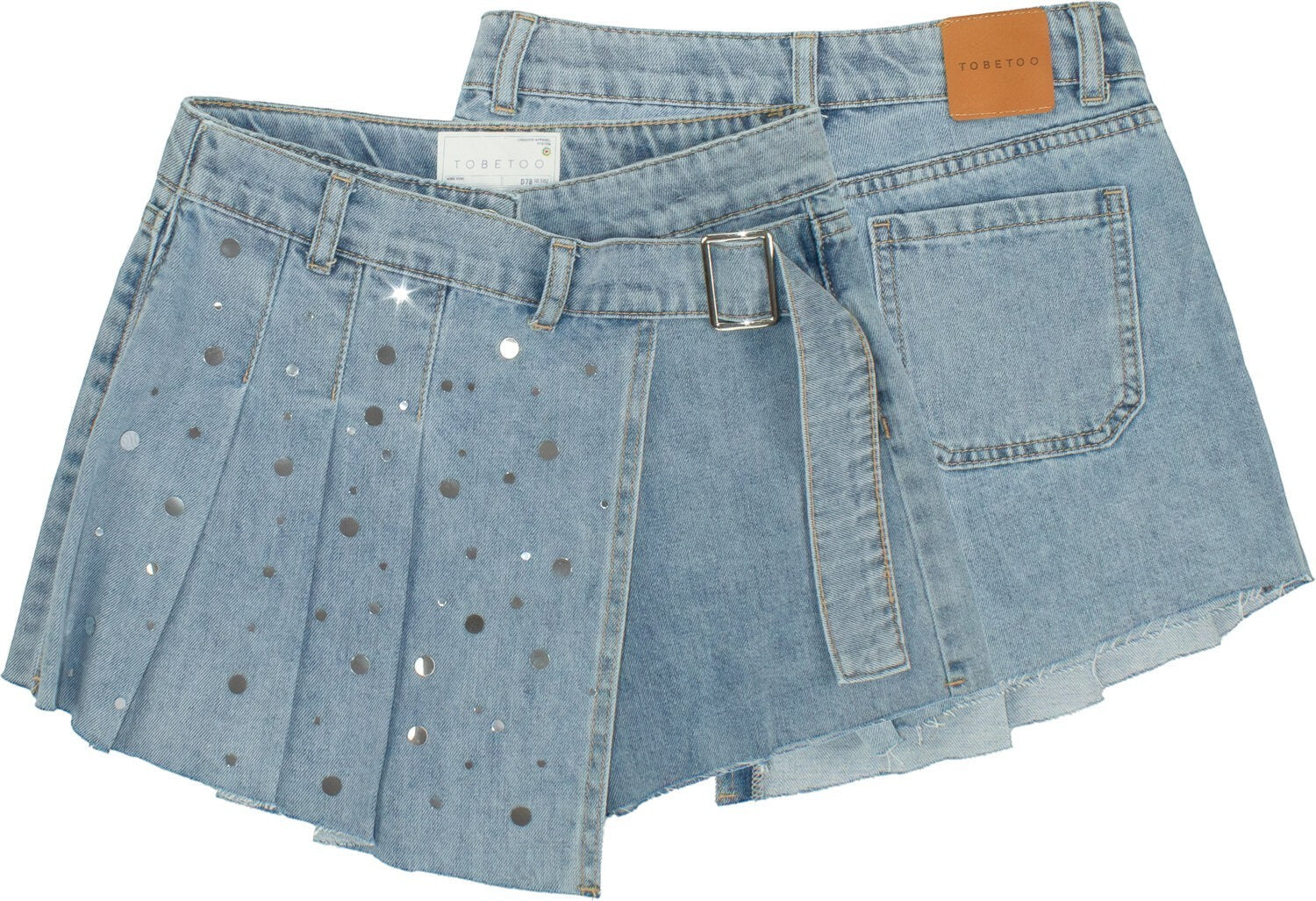 Gonna pantalone Scugnizzi 0-16 in denim azzurro chiaro con pannello plissettato, applicazioni luminose e fibbia laterale