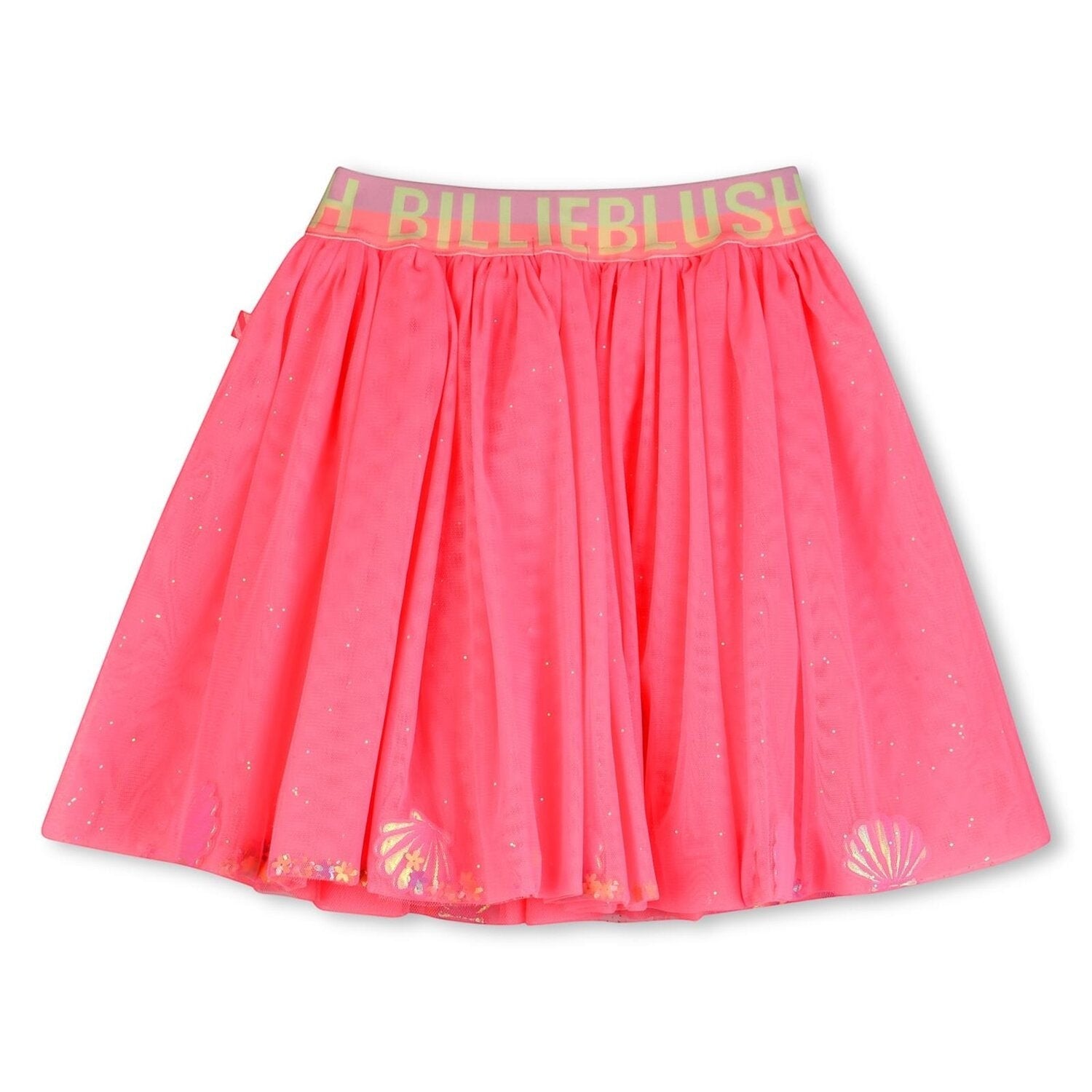 Gonna in tulle rosa fluo Scugnizzi 0-16 con glitter, stampe a conchiglia e fascia elastica logata Billieblush