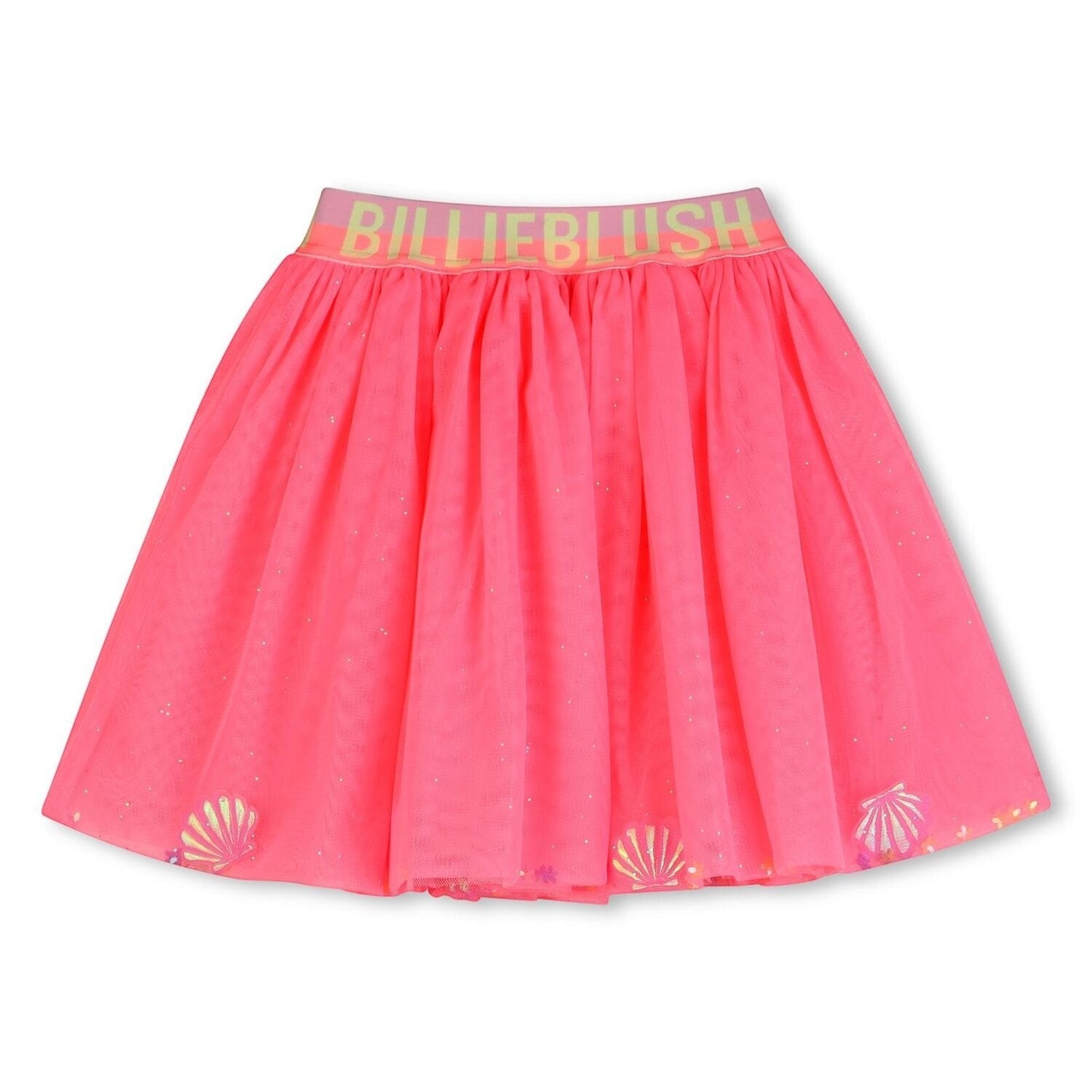 Gonna in tulle rosa fluo Scugnizzi 0-16 con glitter, stampe a conchiglia e fascia elastica logata Billieblush