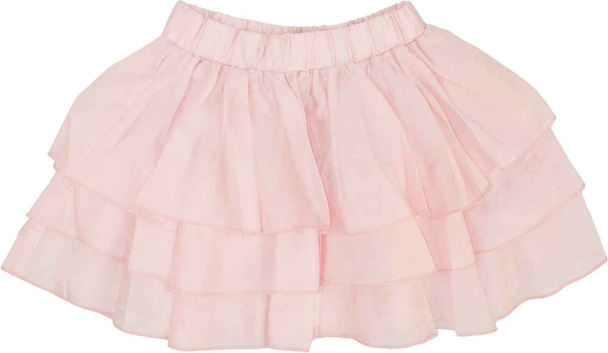 Gonnellina a balze Scugnizzi 0-16 rosa pastello con strati sovrapposti e fascia elastica in vita per bambina
