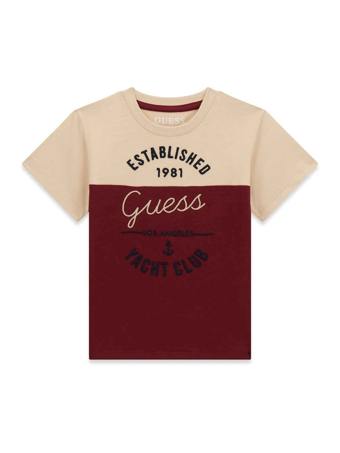 T-shirt a maniche corte Scugnizzi 0-16 Guess in cotone bicolore beige e bordeaux con grafica Yacht Club frontale