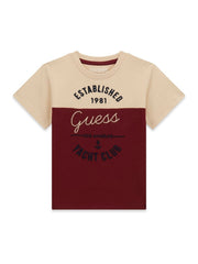 T-shirt a maniche corte Scugnizzi 0-16 Guess in cotone bicolore beige e bordeaux con grafica Yacht Club frontale