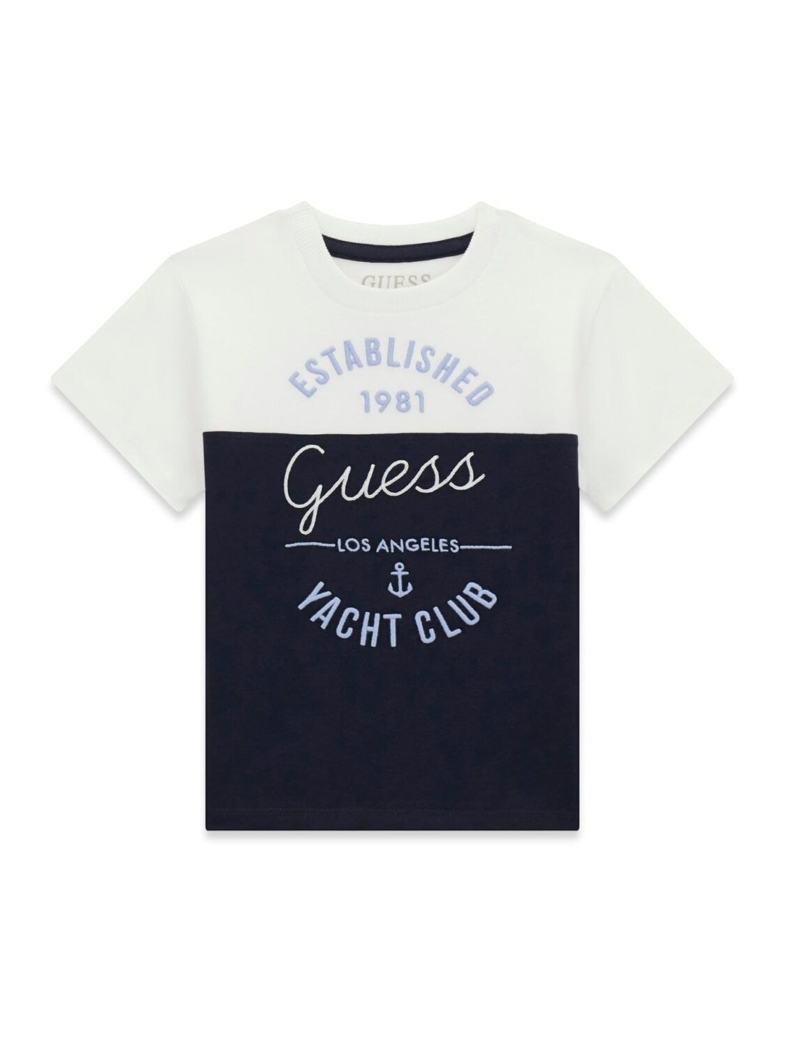 T-shirt Scugnizzi 0-16 Guess a maniche corte color-block bianco e blu con grafica nautica Yacht Club sul petto