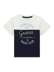 T-shirt Scugnizzi 0-16 Guess a maniche corte color-block bianco e blu con grafica nautica Yacht Club sul petto