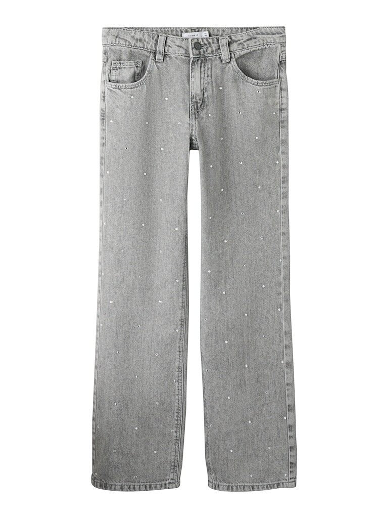 Pantaloni in denim a gamba larga Scugnizzi 0-16 grigio chiaro con strass applicati per bambina