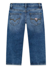 Jeans blu Guess per bambini in denim con lavaggio vissuto, cinque tasche e logo posteriore, Scugnizzi 0-16