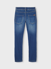 Pantaloni jeans Scugnizzi 0-16 blu denim per bambini con vita elasticizzata e tasche posteriori, vista posteriore.