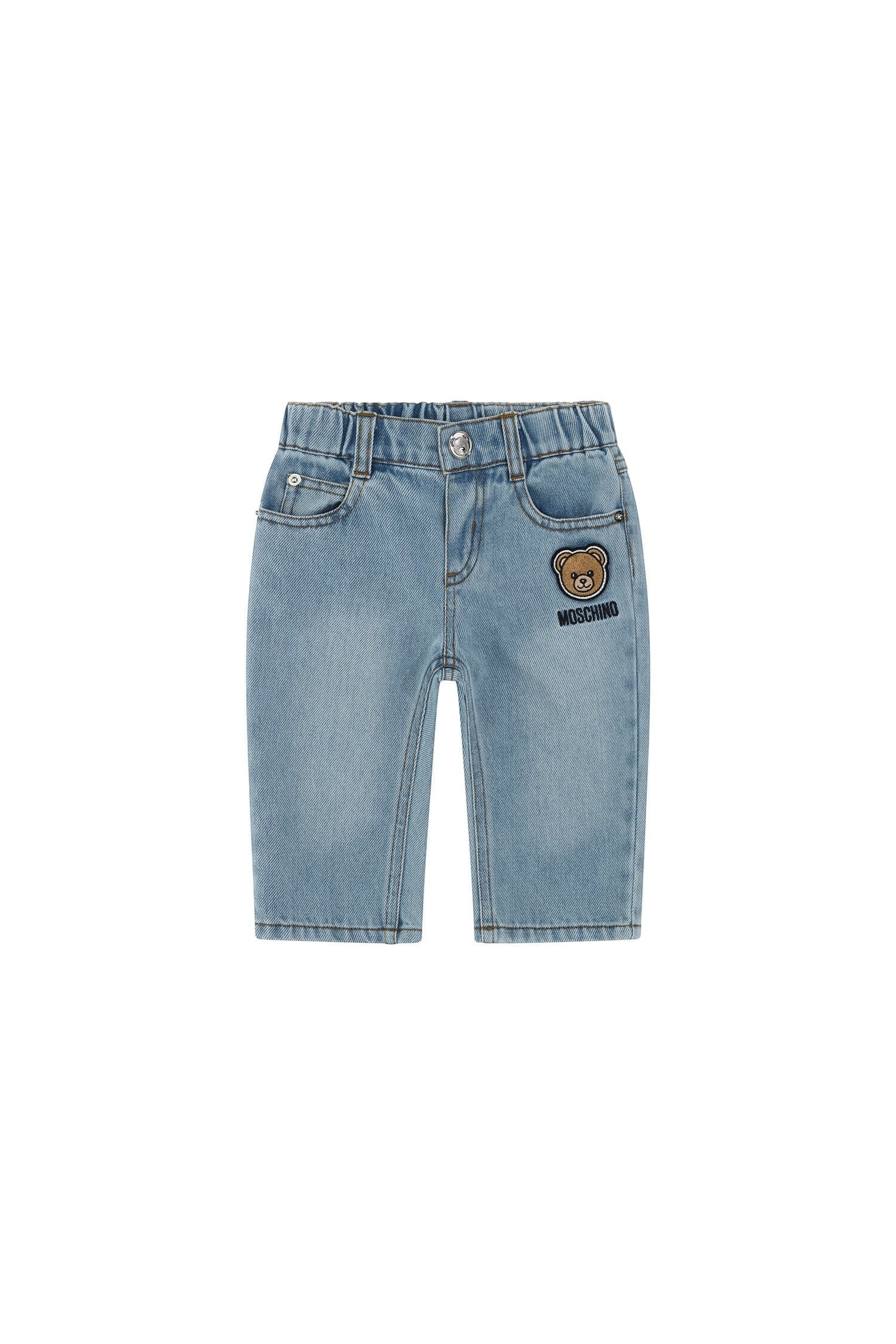 Pantaloni in denim azzurro chiaro Scugnizzi 0-16 con patch orsetto Moschino e vita elasticizzata per bambini