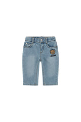 Pantaloni in denim azzurro chiaro Scugnizzi 0-16 con patch orsetto Moschino e vita elasticizzata per bambini