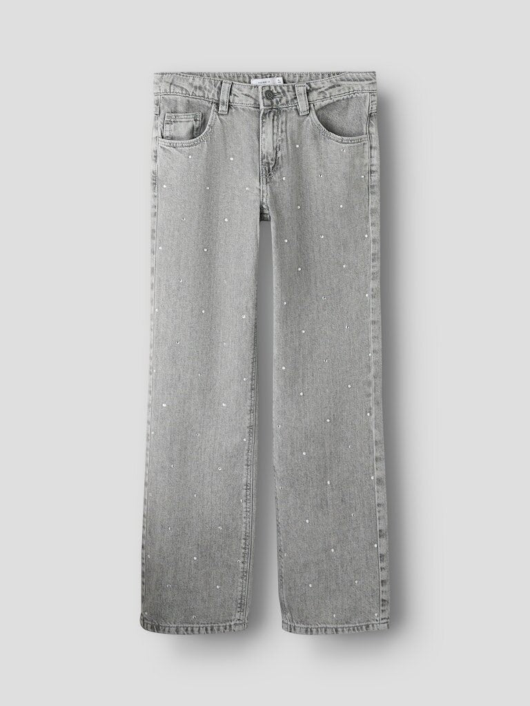 Pantaloni in denim a gamba larga Scugnizzi 0-16 grigio chiaro con strass applicati e design a cinque tasche