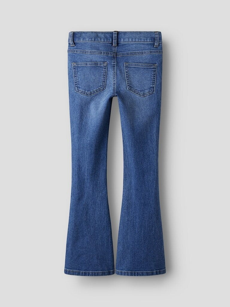 Jeans a zampa Scugnizzi 0-16 per bambina in denim blu medio con design a cinque tasche, vista posteriore.