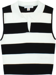 Maglia smanicata a righe bianche e nere con colletto a polo, capo elegante e versatile del brand Scugnizzi 0-16