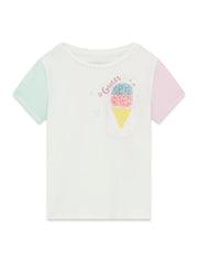 Maglietta bianca Scugnizzi 0-16 con maniche pastello e applicazione 3D a forma di cono gelato in cotone