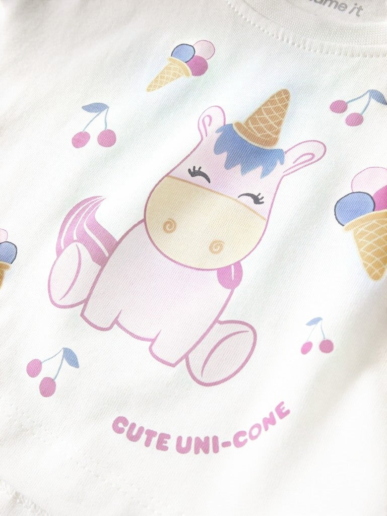 Maglietta bianca in cotone Scugnizzi 0-16 con stampa unicorno e gelati per bambina