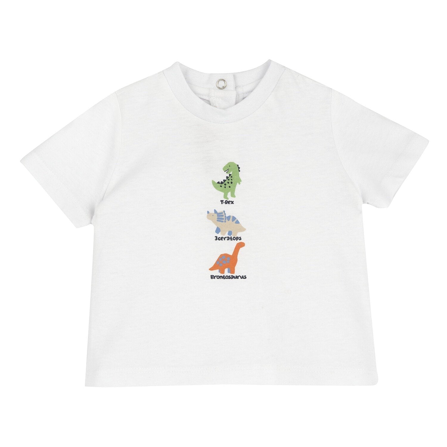 Maglietta bianca in cotone Scugnizzi 0-16 con stampa colorata di dinosauri e bottoni a pressione sul retro