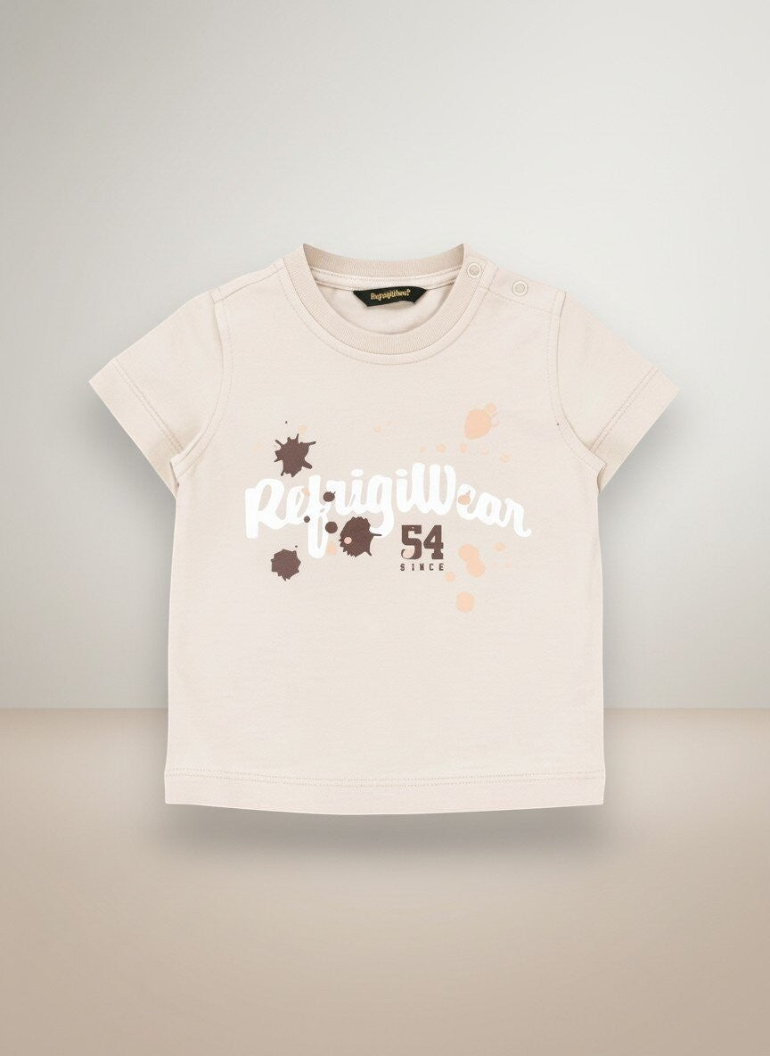 Maglietta a maniche corte Scugnizzi 0-16 in cotone beige con logo RefrigiWear e grafica effetto schizzo sulla parte frontale